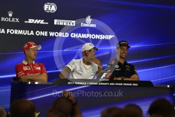 World © Octane Photographic Ltd. Formula 1 - Abu Dhabi Grand Prix – Thursday Driver Press Conference – Part 1. Lewis Hamilton - Mercedes AMG Petronas, Daniel Ricciardo - Red Bull Racing and Sebastian Vettel - Scuderia Ferrari. Yas Marina Circuit, Abu Dhabi. Thursday 23rd November 2017. Digital Ref: 1997LB2D7625