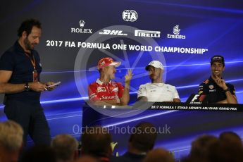 World © Octane Photographic Ltd. Formula 1 - Abu Dhabi Grand Prix – Thursday Driver Press Conference – Part 1. Lewis Hamilton - Mercedes AMG Petronas, Daniel Ricciardo - Red Bull Racing and Sebastian Vettel - Scuderia Ferrari. Yas Marina Circuit, Abu Dhabi. Thursday 23rd November 2017. Digital Ref: 1997LB2D7630