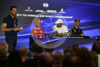 World © Octane Photographic Ltd. Formula 1 - Abu Dhabi Grand Prix – Thursday Driver Press Conference – Part 1. Lewis Hamilton - Mercedes AMG Petronas, Daniel Ricciardo - Red Bull Racing and Sebastian Vettel - Scuderia Ferrari. Yas Marina Circuit, Abu Dhabi. Thursday 23rd November 2017. Digital Ref: 1997LB2D7661