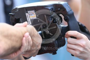 World © Octane Photographic Ltd. Formula 1 - Abu Dhabi Grand Prix - Thursday Setup. Jock Clear – Chief Engineer - Scuderia Ferrari with Kimi Raikkonen steering wheel. Yas Marina Circuit, Abu Dhabi. Thursday 23rd November 2017. Digital Ref: 1996CB1L4932