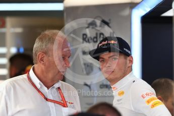 World © Octane Photographic Ltd. Formula 1 - American Grand Prix - Saturday - Practice 3. Max Verstappen - Red Bull Racing RB13 with Helmut Marko. Circuit of the Americas, Austin, Texas, USA. Saturday 21st October 2017. Digital Ref: 1990LB1D5479