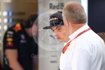 World © Octane Photographic Ltd. Formula 1 - American Grand Prix - Saturday - Practice 3. Max Verstappen - Red Bull Racing RB13 with Helmut Marko. Circuit of the Americas, Austin, Texas, USA. Saturday 21st October 2017. Digital Ref: 1990LB1D5486