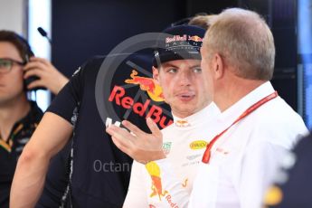 World © Octane Photographic Ltd. Formula 1 - American Grand Prix - Saturday - Practice 3. Max Verstappen - Red Bull Racing RB13 with Helmut Marko. Circuit of the Americas, Austin, Texas, USA. Saturday 21st October 2017. Digital Ref: 1990LB1D5501