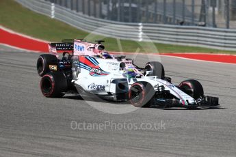 World © Octane Photographic Ltd. Formula 1 - American Grand Prix - Sunday - Race. Felipe Massa - Williams Martini Racing FW40 and Sergio Perez - Sahara Force India VJM10. Circuit of the Americas, Austin, Texas, USA. Sunday 22nd October 2017. Digital Ref: 1994LB1D9971