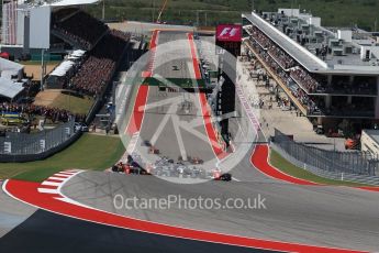 World © Octane Photographic Ltd. Formula 1 - American Grand Prix - Sunday - Race. Lewis Hamilton - Mercedes AMG Petronas F1 W08 EQ Energy+ starts on pole but Sebastian Vettel - Scuderia Ferrari SF70H makes a good move into Turn 1. Circuit of the Americas, Austin, Texas, USA. Sunday 22nd October 2017. Digital Ref: 1994LB2D7222