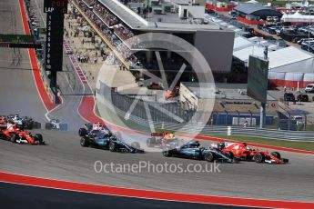 World © Octane Photographic Ltd. Formula 1 - American Grand Prix - Sunday - Race. Lewis Hamilton - Mercedes AMG Petronas F1 W08 EQ Energy+ starts on pole but Sebastian Vettel - Scuderia Ferrari SF70H makes a good move into Turn 1. Circuit of the Americas, Austin, Texas, USA. Sunday 22nd October 2017. Digital Ref: 1994LB2D7237