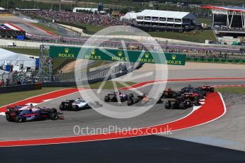 World © Octane Photographic Ltd. Formula 1 - American Grand Prix - Sunday - Race. Lewis Hamilton - Mercedes AMG Petronas F1 W08 EQ Energy+ starts on pole but Sebastian Vettel - Scuderia Ferrari SF70H makes a good move into Turn 1. Circuit of the Americas, Austin, Texas, USA. Sunday 22nd October 2017. Digital Ref: 1994LB2D7254