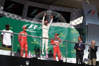 World © Octane Photographic Ltd. Formula 1 - American Grand Prix - Sunday - Race Podium. Lewis Hamilton - Mercedes AMG Petronas F1 W08 EQ Energy+, Sebastian Vettel and Kimi Raikkonen - Scuderia Ferrari SF70H. Circuit of the Americas, Austin, Texas, USA. Sunday 22nd October 2017. Digital Ref: 1995LB1D0467