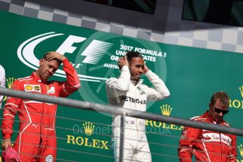 World © Octane Photographic Ltd. Formula 1 - American Grand Prix - Sunday - Race Podium. Lewis Hamilton - Mercedes AMG Petronas F1 W08 EQ Energy+, Sebastian Vettel and Kimi Raikkonen - Scuderia Ferrari SF70H. Circuit of the Americas, Austin, Texas, USA. Sunday 22nd October 2017. Digital Ref: 1995LB1D0487