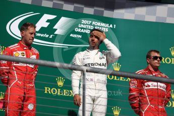 World © Octane Photographic Ltd. Formula 1 - American Grand Prix - Sunday - Race Podium. Lewis Hamilton - Mercedes AMG Petronas F1 W08 EQ Energy+, Sebastian Vettel and Kimi Raikkonen - Scuderia Ferrari SF70H. Circuit of the Americas, Austin, Texas, USA. Sunday 22nd October 2017. Digital Ref: 1995LB1D0505