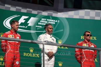World © Octane Photographic Ltd. Formula 1 - American Grand Prix - Sunday - Race Podium. Lewis Hamilton - Mercedes AMG Petronas F1 W08 EQ Energy+, Sebastian Vettel and Kimi Raikkonen - Scuderia Ferrari SF70H. Circuit of the Americas, Austin, Texas, USA. Sunday 22nd October 2017. Digital Ref: 1995LB1D0514