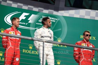 World © Octane Photographic Ltd. Formula 1 - American Grand Prix - Sunday - Race Podium. Lewis Hamilton - Mercedes AMG Petronas F1 W08 EQ Energy+, Sebastian Vettel and Kimi Raikkonen - Scuderia Ferrari SF70H. Circuit of the Americas, Austin, Texas, USA. Sunday 22nd October 2017. Digital Ref: 1995LB1D0547