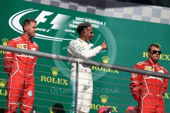 World © Octane Photographic Ltd. Formula 1 - American Grand Prix - Sunday - Race Podium. Lewis Hamilton - Mercedes AMG Petronas F1 W08 EQ Energy+, Sebastian Vettel and Kimi Raikkonen - Scuderia Ferrari SF70H. Circuit of the Americas, Austin, Texas, USA. Sunday 22nd October 2017. Digital Ref: 1995LB1D0554