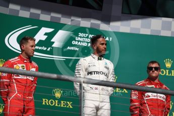 World © Octane Photographic Ltd. Formula 1 - American Grand Prix - Sunday - Race Podium. Lewis Hamilton - Mercedes AMG Petronas F1 W08 EQ Energy+, Sebastian Vettel and Kimi Raikkonen - Scuderia Ferrari SF70H. Circuit of the Americas, Austin, Texas, USA. Sunday 22nd October 2017. Digital Ref: 1995LB1D0576