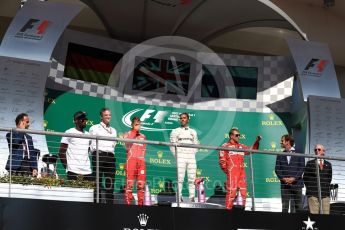 World © Octane Photographic Ltd. Formula 1 - American Grand Prix - Sunday - Race Podium. Lewis Hamilton - Mercedes AMG Petronas F1 W08 EQ Energy+, Sebastian Vettel and Kimi Raikkonen - Scuderia Ferrari SF70H. Circuit of the Americas, Austin, Texas, USA. Sunday 22nd October 2017. Digital Ref: 1995LB1D0589