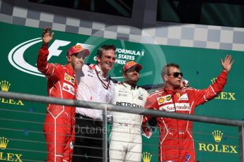 World © Octane Photographic Ltd. Formula 1 - American Grand Prix - Sunday - Race Podium. Lewis Hamilton - Mercedes AMG Petronas F1 W08 EQ Energy+, Sebastian Vettel and Kimi Raikkonen - Scuderia Ferrari SF70H with James Allison - Technical Director of Mercedes-AMG Petronas Motorsport. Circuit of the Americas, Austin, Texas, USA. Sunday 22nd October 2017. Digital Ref: 1995LB1D0963