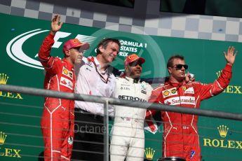 World © Octane Photographic Ltd. Formula 1 - American Grand Prix - Sunday - Race Podium. Lewis Hamilton - Mercedes AMG Petronas F1 W08 EQ Energy+, Sebastian Vettel and Kimi Raikkonen - Scuderia Ferrari SF70H with James Allison - Technical Director of Mercedes-AMG Petronas Motorsport. Circuit of the Americas, Austin, Texas, USA. Sunday 22nd October 2017. Digital Ref: 1995LB1D0976