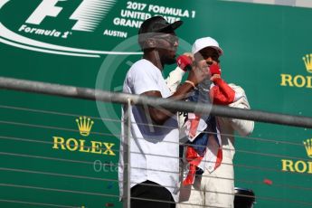 World © Octane Photographic Ltd. Formula 1 - American Grand Prix - Sunday - Race Podium. Lewis Hamilton - Mercedes AMG Petronas F1 W08 EQ Energy+ and Usain Bolt. Circuit of the Americas, Austin, Texas, USA. Sunday 22nd October 2017. Digital Ref: 1995LB1D1039