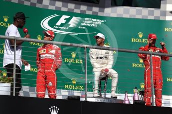 World © Octane Photographic Ltd. Formula 1 - American Grand Prix - Sunday - Race Podium. Lewis Hamilton - Mercedes AMG Petronas F1 W08 EQ Energy+, Sebastian Vettel and Kimi Raikkonen - Scuderia Ferrari SF70H. Circuit of the Americas, Austin, Texas, USA. Sunday 22nd October 2017. Digital Ref: 1995LB1D1122