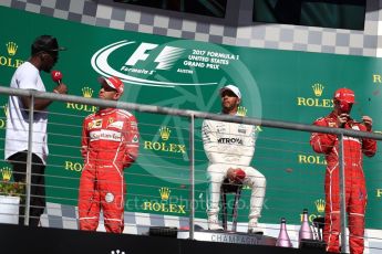 World © Octane Photographic Ltd. Formula 1 - American Grand Prix - Sunday - Race Podium. Lewis Hamilton - Mercedes AMG Petronas F1 W08 EQ Energy+, Sebastian Vettel and Kimi Raikkonen - Scuderia Ferrari SF70H. Circuit of the Americas, Austin, Texas, USA. Sunday 22nd October 2017. Digital Ref: 1995LB1D1127