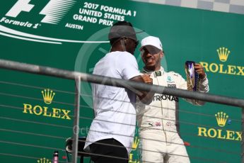 World © Octane Photographic Ltd. Formula 1 - American Grand Prix - Sunday - Race Podium. Lewis Hamilton - Mercedes AMG Petronas F1 W08 EQ Energy+ and Usain Bolt. Circuit of the Americas, Austin, Texas, USA. Sunday 22nd October 2017. Digital Ref: 1995LB1D1233