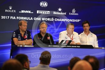 World © Octane Photographic Ltd. Formula 1 - American Grand Prix – Friday Team Press Conference. Zak Brown - Executive Director of McLaren Technology Group, Robert Fernley - Deputy Team Principal of Sahara Force India, Gene Haas - Founder and Chairman of Haas F1 Team and Toto Wolff - Executive Director & Head of Mercedes-Benz Motorsport. Circuit of the Americas, Austin, Texas, USA. Friday 20th October 2017. Digital Ref: 1988LB2D6568