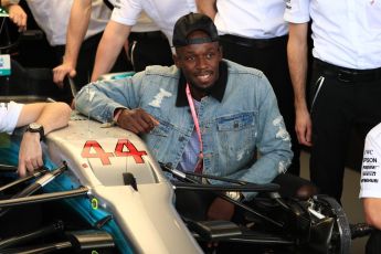 World © Octane Photographic Ltd. Formula 1 - American Grand Prix - Sunday - Paddock. Usain Bolt in the Mercedes AMG Petronas F1 team garage. Circuit of the Americas, Austin, Texas, USA. Sunday 22nd October 2017. Digital Ref: 1992LB1D8380