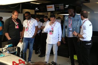 World © Octane Photographic Ltd. Formula 1 - American Grand Prix - Sunday - Paddock. Usain Bolt in the Mercedes AMG Petronas F1 team garage. Circuit of the Americas, Austin, Texas, USA. Sunday 22nd October 2017. Digital Ref: 1992LB2D6673