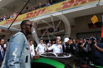 World © Octane Photographic Ltd. Formula 1 - American Grand Prix - Sunday - Paddock. Lewis Hamilton takes Usain Bolt on a Hot Lap of COTA. Circuit of the Americas, Austin, Texas, USA. Sunday 22nd October 2017. Digital Ref: 1992LB2D6856