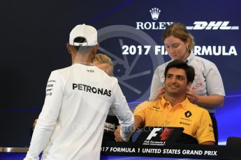 World © Octane Photographic Ltd. Formula 1 - American Grand Prix – Thursday Driver Press Conference – Part 1. Carlos Sainz - Renault Sport F1 Team and Lewis Hamilton - Mercedes AMG Petronas F1 Team. Circuit of the Americas, Austin, Texas, USA. Thursday 19th October 2017. Digital Ref: 1984LB2D5575
