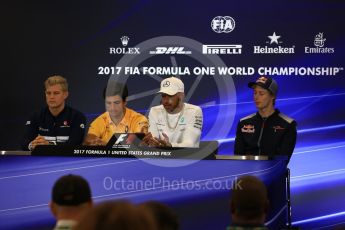 World © Octane Photographic Ltd. Formula 1 - American Grand Prix – Thursday Driver Press Conference – Part 1 Marcus Ericsson – Sauber F1 Team, Brendon Hartley - Scuderia Toro Rosso, Lewis Hamilton - Mercedes AMG Petronas F1 Team and Carlos Sainz - Scuderia Toro Rosso. Circuit of the Americas, Austin, Texas, USA. Thursday 19th October 2017. Digital Ref: 1984LB2D5604