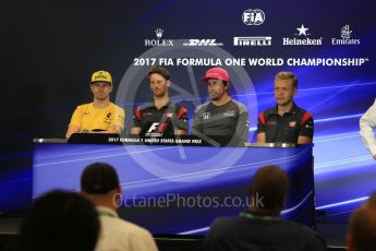 World © Octane Photographic Ltd. Formula 1 - American Grand Prix – Thursday Driver Press Conference – Part 2. Fernando Alonso - McLaren Honda, Romain Grosjean - Haas F1 Team, Nico Hulkenberg - Renault Sport F1 Team and Kevin Magnussen - Haas F1 Team. Circuit of the Americas, Austin, Texas, USA. Thursday 19th October 2017. Digital Ref: 1984LB2D5623