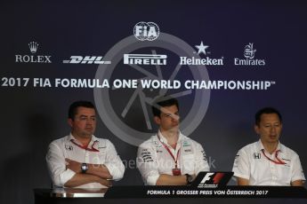 World © Octane Photographic Ltd. Formula 1 - Austria Grand Prix – FIA Team Press Conference, Part 1. Eric Boullier - Racing Director of McLaren Honda, Yusuke Hasegawa – Chief of Honda F1 project and Toto Wolff - Executive Director & Head of Mercedes-Benz Motorsport. Red Bull Ring, Spielberg, Austria. Friday 7th July 2017. Digital Ref: 1866LB2D5691