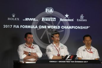 World © Octane Photographic Ltd. Formula 1 - Austria Grand Prix – FIA Team Press Conference, Part 1. Eric Boullier - Racing Director of McLaren Honda, Yusuke Hasegawa – Chief of Honda F1 project and Toto Wolff - Executive Director & Head of Mercedes-Benz Motorsport. Red Bull Ring, Spielberg, Austria. Friday 7th July 2017. Digital Ref: 1866LB2D5700