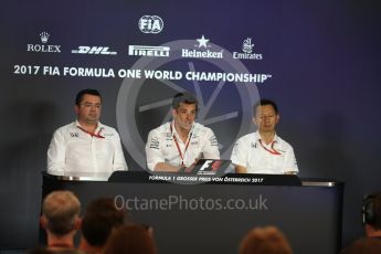 World © Octane Photographic Ltd. Formula 1 - Austria Grand Prix – FIA Team Press Conference, Part 1. Eric Boullier - Racing Director of McLaren Honda, Yusuke Hasegawa – Chief of Honda F1 project and Toto Wolff - Executive Director & Head of Mercedes-Benz Motorsport. Red Bull Ring, Spielberg, Austria. Friday 7th July 2017. Digital Ref: 1866LB2D5716