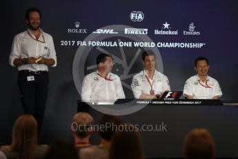 World © Octane Photographic Ltd. Formula 1 - Austria Grand Prix – FIA Team Press Conference, Part 1. Eric Boullier - Racing Director of McLaren Honda, Yusuke Hasegawa – Chief of Honda F1 project and Toto Wolff - Executive Director & Head of Mercedes-Benz Motorsport. Red Bull Ring, Spielberg, Austria. Friday 7th July 2017. Digital Ref: 1866LB2D5735