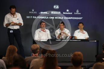World © Octane Photographic Ltd. Formula 1 - Austria Grand Prix – FIA Team Press Conference, Part 1. Eric Boullier - Racing Director of McLaren Honda, Yusuke Hasegawa – Chief of Honda F1 project and Toto Wolff - Executive Director & Head of Mercedes-Benz Motorsport. Red Bull Ring, Spielberg, Austria. Friday 7th July 2017. Digital Ref: 1866LB2D5750
