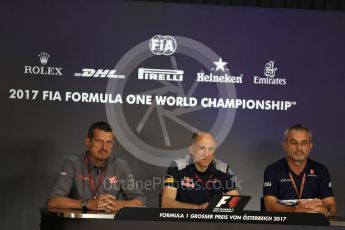 World © Octane Photographic Ltd. Formula 1 - Austria Grand Prix - FIA Team Press Conference, Part 2. Franz Tost – Team Principal of Scuderia Toro Rosso, Guenther Steiner - Team Principal of Haas F1 Team and Beat Zehnder - Sauber F1 Team Manager. Red Bull Ring, Spielberg, Austria. Friday 7th July 2017. Digital Ref: 1866LB2D5761
