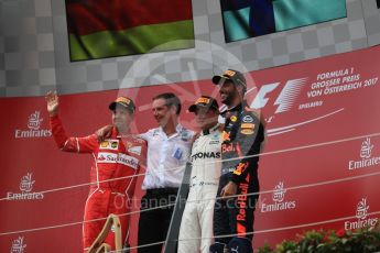 World © Octane Photographic Ltd. Formula 1 - Austria Grand Prix - Sunday - Race - Podium. Valtteri Bottas - Mercedes AMG Petronas F1 W08 EQ Energy+, Sebastian Vettel - Scuderia Ferrari SF70H and Daniel Ricciardo - Red Bull Racing RB13. Red Bull Ring, Spielberg, Austria. Sunday 9th July 2017. Digital Ref: 1876LB1D6518