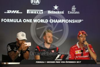 World © Octane Photographic Ltd. Formula 1 - Austria Grand Prix - Thursday – FIA Drivers Press Conference, Part 1. Lewis Hamilton - Mercedes AMG Petronas F1 Team, Sebastian Vettel - Scuderia Ferrari and Kevin Magnussen - Haas F1 Team. Red Bull Ring, Spielberg, Austria. Thursday 6th July 2017. Digital Ref: 1860LB2D4429