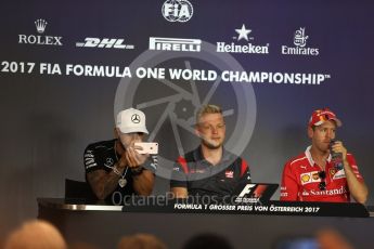 World © Octane Photographic Ltd. Formula 1 - Austria Grand Prix - Thursday – FIA Drivers Press Conference, Part 1. Lewis Hamilton - Mercedes AMG Petronas F1 Team, Sebastian Vettel - Scuderia Ferrari and Kevin Magnussen - Haas F1 Team. Red Bull Ring, Spielberg, Austria. Thursday 6th July 2017. Digital Ref: 1860LB2D4432