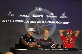 World © Octane Photographic Ltd. Formula 1 - Austria Grand Prix - Thursday – FIA Drivers Press Conference, Part 1. Lewis Hamilton - Mercedes AMG Petronas F1 Team, Sebastian Vettel - Scuderia Ferrari and Kevin Magnussen - Haas F1 Team. Red Bull Ring, Spielberg, Austria. Thursday 6th July 2017. Digital Ref: 1860LB2D4443