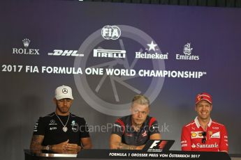 World © Octane Photographic Ltd. Formula 1 - Austria Grand Prix - Thursday – FIA Drivers Press Conference, Part 1. Lewis Hamilton - Mercedes AMG Petronas F1 Team, Sebastian Vettel - Scuderia Ferrari and Kevin Magnussen - Haas F1 Team. Red Bull Ring, Spielberg, Austria. Thursday 6th July 2017. Digital Ref: 1860LB2D4463