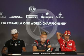 World Spielberg Octane Photographic Ltd. Formula 1 - Austria Grand Prix - Thursday – FIA Drivers Press Conference, Part 1. Lewis Hamilton - Mercedes AMG Petronas F1 Team, Sebastian Vettel - Scuderia Ferrari and Kevin Magnussen - Haas F1 Team. Red Bull Ring, Spielberg, Austria. Thursday 6th July 2017. Digital Ref: 1860LB2D4472