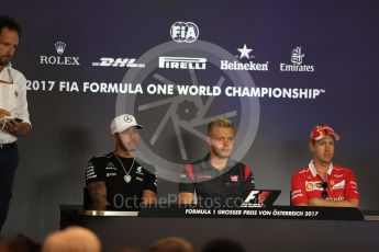 World © Octane Photographic Ltd. Formula 1 - Austria Grand Prix - Thursday – FIA Drivers Press Conference, Part 1. Lewis Hamilton - Mercedes AMG Petronas F1 Team, Sebastian Vettel - Scuderia Ferrari and Kevin Magnussen - Haas F1 Team. Red Bull Ring, Spielberg, Austria. Thursday 6th July 2017. Digital Ref: 1860LB2D4478