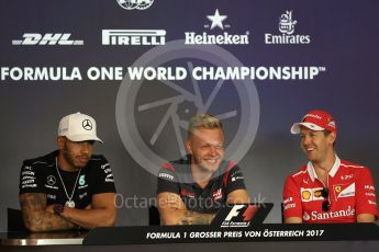 World © Octane Photographic Ltd. Formula 1 - Austria Grand Prix - Thursday – FIA Drivers Press Conference, Part 1. Lewis Hamilton - Mercedes AMG Petronas F1 Team, Sebastian Vettel - Scuderia Ferrari and Kevin Magnussen - Haas F1 Team. Red Bull Ring, Spielberg, Austria. Thursday 6th July 2017. Digital Ref: 1860LB2D4541