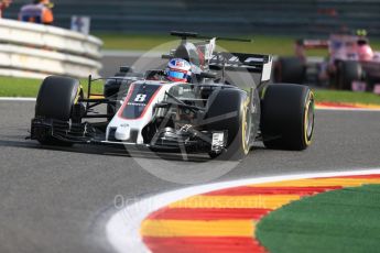 World © Octane Photographic Ltd. Formula 1 - Belgian Grand Prix - Friday - Practice 1. Romain Grosjean - Haas F1 Team VF-17 and Esteban Ocon - Sahara Force India VJM10. Circuit de Spa Francorchamps, Belgium. Friday 25th August 2017. Digital Ref:1922LB1D4791