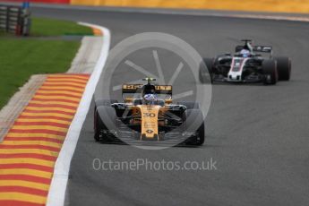 World © Octane Photographic Ltd. Formula 1 - Belgian Grand Prix - Friday - Practice 2. Jolyon Palmer - Renault Sport F1 Team R.S.17 and Romain Grosjean - Haas F1 Team VF-17. Circuit de Francorchamps, Belgium. Friday 25th August 2017. Digital Ref: 1924LB1D5637