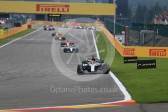 World © Octane Photographic Ltd. Formula 1 - Belgian Grand Prix - Race. Lewis Hamilton leaps Sebastian Vettel on lap 2. Circuit de Francorchamps, Belgium. Sunday 27th August 2017. Digital Ref:1933LB1D8587