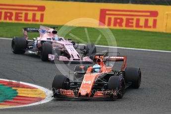 World © Octane Photographic Ltd. Formula 1 - Belgian Grand Prix - Race. Fernando Alonso - McLaren Honda MCL32 and Sergio Perez - Sahara Force India VJM10. Circuit de Spa Francorchamps, Belgium. Sunday 27th August 2017. Digital Ref:1933LB1D8815